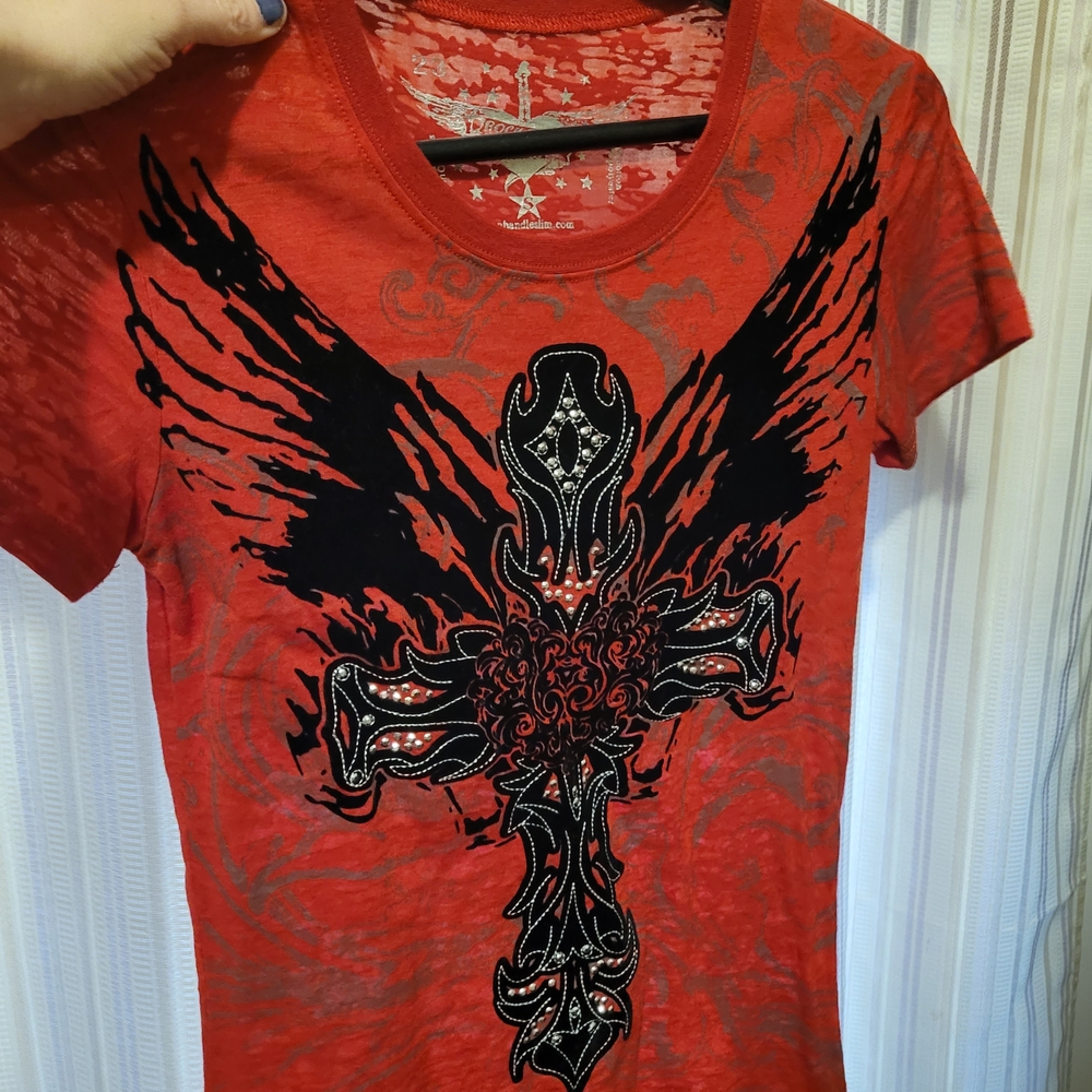 Red Graphic Tee with Black Cross Design